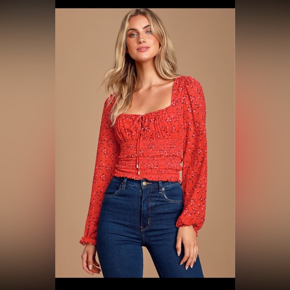 Free People Lolita Red Peasant Semi Crop Floral Blouse Red small - Picture 1 of 13